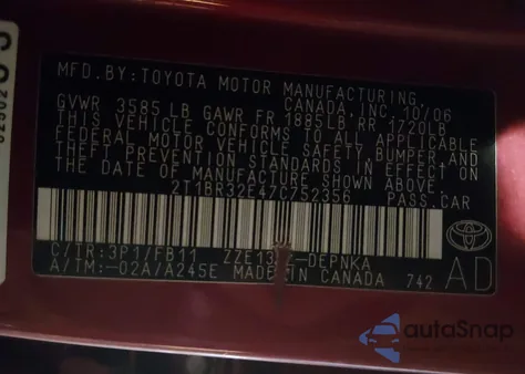 2007 Toyota Corolla Le from USA, damaged, VIN 2T1BR32E47C752356